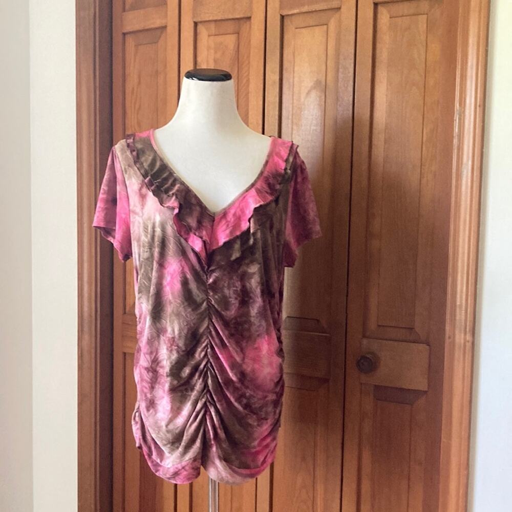 Sami & Jo Pink & Brown Stretch V-Neck Pullover Top, Size XL